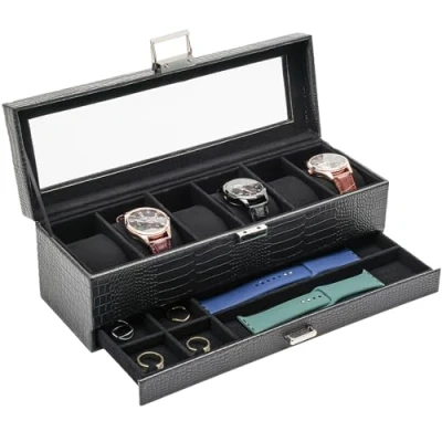 Imagen de Procase Caja de Relojes 6 Ranuras con Cajón, Funda Organizadora Reloj 2 capas Tapa Cristal, Estuche Almacenamiento para Hombres y Mujeres Negro Rayado