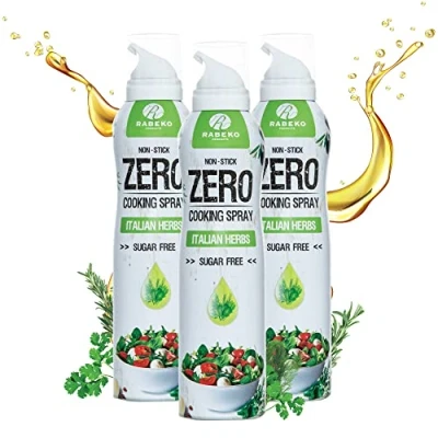 Imagen de Rabeko Zero Spray para cocinar bajo en calorías HIERBAS ITALIANAS 800 raciones, 2 kcal por pulverización freír, asar y hornear sin aditivos, azúcarsin gluten 3 x 200ml