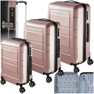 Imagen de TecTake® Juego de Maletas Apilables, 3 Piezas, Plástico ABS Resistente, Viaje con Ruedas Giratorias 360, Maleta Cabina, Mediana, Grande, TSA Oro Rosa