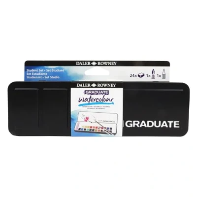 Imagen de Daler Rowney Graduate Watercolour, Funda de cartón, Medio Godet, Set para estudiantes, 24 colores surtidos + 1 pincel acuarela lápiz grafito Lyra