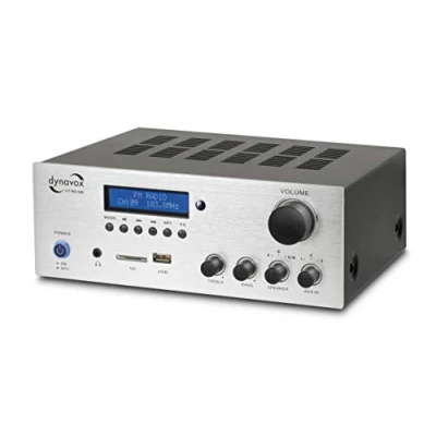 Imagen de Dynavox Amplificador estéreo Compacto VT 80 MK, 4 Conectores de Altavoz atornillables, Mando a Distancia para entradas Digitales (USB, Tarjeta SD), Antena BT integrada y Radio FM, Color Plateado