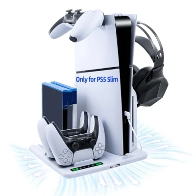 Imagen de Tolesum Soporte para PS5 Slim, Base Stand con Ajustable de 3 Ventilador/Almacenamiento 6 Juegos/Estación Carga Controlador PS5/Auriculare, Ventilador Slim Disc/Digital Accesorios