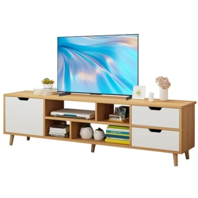 Imagen de mufojyez Soporte de TV para 55 pulgadas, modernos soportes sala estar, centro entretenimiento con puerta, estantes y 3 armarios, consola multimedia