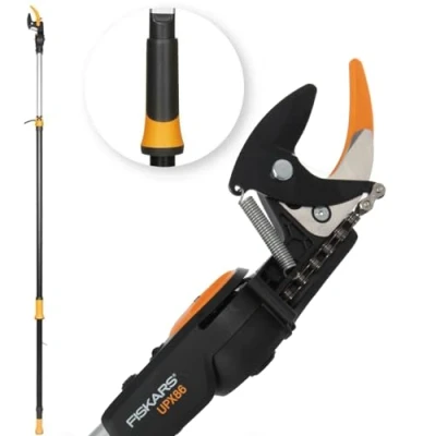 Imagen de Fiskars Pértiga telescópica con cuchilla Bypass para ramas grandes y pequeñas, Capa antiadherente, Cuchillas de acero/Mango aluminio, Longitud ajustable: 2,4 4 m, Negro/Naranja, UPX86, 1023624