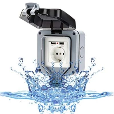 Imagen de Enchufe exterior de pared con conector USB para exteriores, resistente al agua, IP66, ambientes húmedos, exterior, tapa abatible (enchufe europeo)