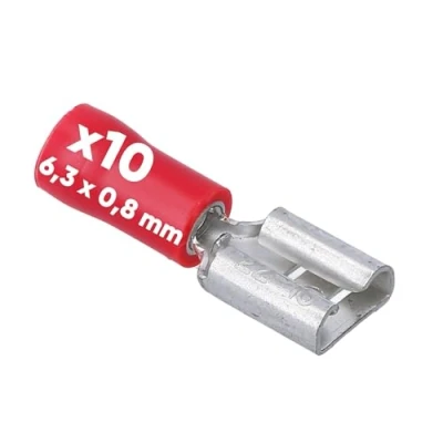 Imagen de Kalitec FHR638 Lote de 10 Conectores Planos Electricos para Cables (6,3 x 0,8 mm, 0,5 1,5 mm², Aislados, Latón, Automoción e Industria), Color Rojo