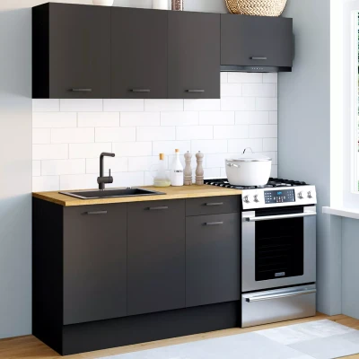 Imagen de IDMarket Cocina completa 180 cm SUBTIL con encimera 5 elementos negro y bandejas de madera