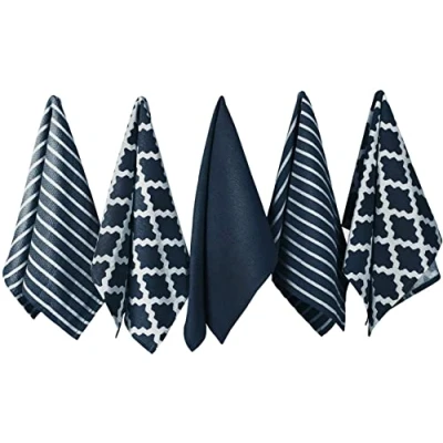 Imagen de Penguin Home Juego de 5 Toallas té algodón 100% Suave Duradero Diseño Elegante Color Azul Marino con múltiples Patrones Lavable a máquina 65 x 45 cm