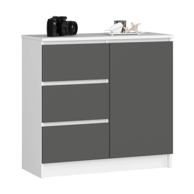 Imagen de AKORD Cómoda Jerry Cajonero con 1 Puerta 3 Cajones 2 Estantes Credenza Alta 80 cm 80x35x77 Blanco &amp; Gris Grafito Frente