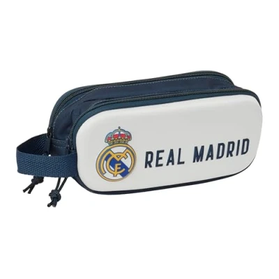 Imagen de Safta Real Madrid 3D Portatodo Doble 3D, Estuche Infantil, Niño, Ideal para Niños en Edad Escolar, Cómodo y Versátil, Calidad Resistencia, 21x6x8 cm, Color Blanco/Azul Marino