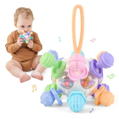 Imagen de SUPERBE BEBE Juguete Montessori para bebés Anillo de dentición Silicona Sonajero Educativo en Forma Bola Aprendizaje temprano Desarrollo del bebé Regalo Nacimiento
