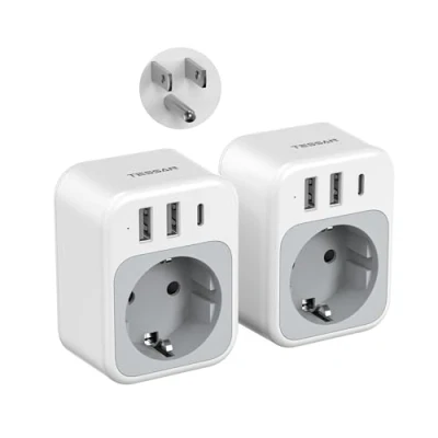Imagen de TESSAN Paquete de 2 Adaptador Enchufe USA, 4 en 1 Americano con USB C y A, 1875 W, Europa a Tipo B USA para Tailandia Canadá Mexico