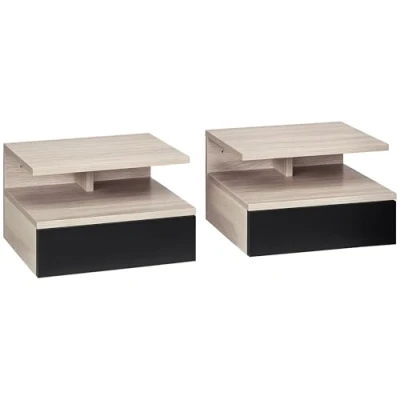 Imagen de HOMCOM Set de 2 Mesitas Noche Flotantes con 1 Cajón y Estante Abierto Diseño Moderno Montado en la Pared 35x32x22,5 cm Roble Negro