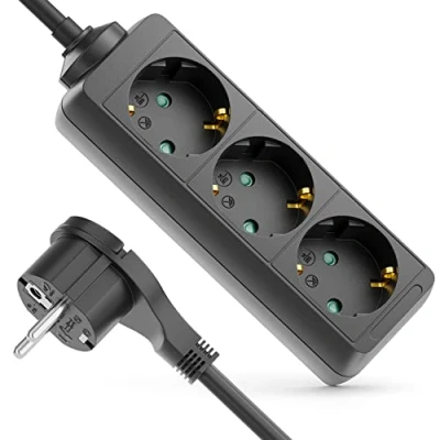 Imagen de deleyCON 3 Compartimentos Regleta de Enchufes con Conector Plano Interior 5m Cable Enchufe Contacto Robusta Carcasa Plástico Negro
