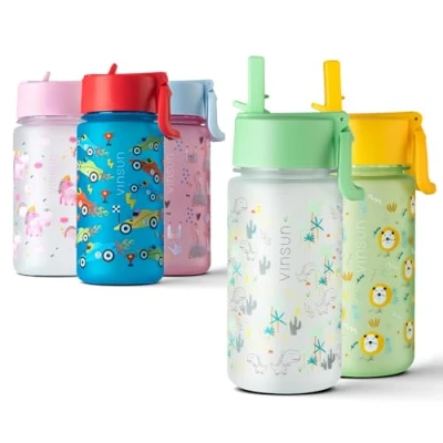 Imagen de VINSUN Botella Agua Niños Dinosaurio con Pajita 500ml Tritan sin BPA, prueba de fugas, reutilizable Cantimplora Infantil para Guardería, Escuela, Deporte