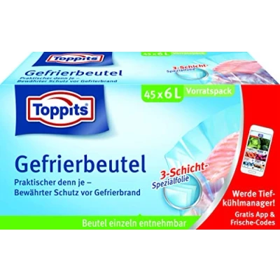 Imagen de Toppits Bolsas para congelador, 6 litros, 45 unidades, con soporte, transparente