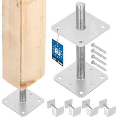 Imagen de KOTARBAU® Lote de 4 Soporte para postes 160 mm x 250 mm, rosca M24 atornillar, Base sujeción galvanizada, Altura ajustable, Pie suelo hormigón, Placa regulable