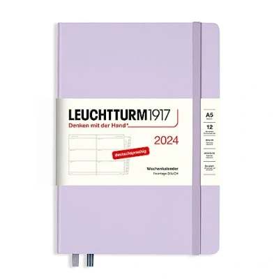 Imagen de LEUCHTTURM1917 367609 Agenda semanal mediana (A5) 2024, con cuaderno adicional para direcciones y aniversarios aniversarios, morado, alemán, 12 meses