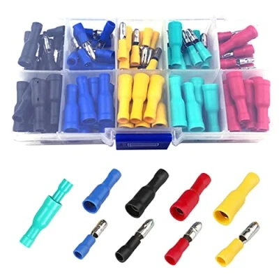Imagen de Terminales de cable eléctrico, 100 piezas Faston macho y hembra, Conectores eléctricos a tope bala (rojo, amarillo, azul, verde, negro, 3 tamaños diferentes)