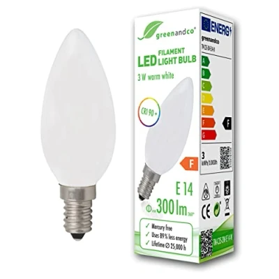 Imagen de greenandco Bombilla de filamento LED IRC 90+ E14 opaca 3W (corresponde a 28W) 300lm 2700K (blanco cálido) 360 230V AC vidrio, sin parpadeo, no regulable