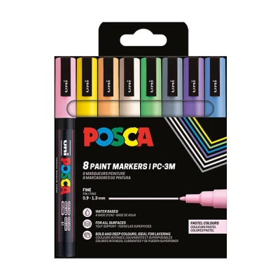 Imagen de Uni Ball 186556 POSCA Marker Set, 8 rotuladores acrílicos pastel PC 3M, rotulador permanente 0,9 1,3 mm punta redonda