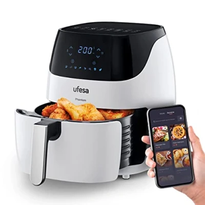 Imagen de Ufesa AF5100 White Phantom Freidora de Aire sin Aceite con WIFI, 5L, Control Táctil Digital, 8 Programas, 1500W, APP Recetario, Temperatura y Tiempo Regulable, Cubeta Bandeja Anti Adherentes
