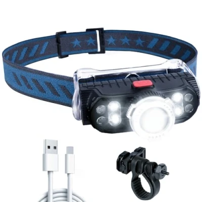 Imagen de linterna frontal recargable LED de 1000 lúmenes, 7 modos, luz con roja advertencia, impermeable para correr, pesca, camping, ciclismo, senderismo