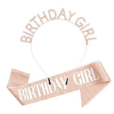 Imagen de DRESHOW Diadema de Cumpleaños Niña Tiara con Faja Corona Princesa Rhinestone Accesorios Feliz para Mujeres Niñas