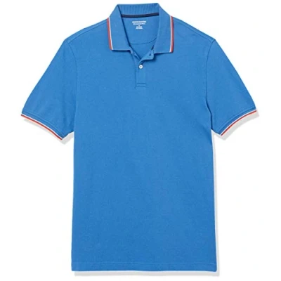 Imagen de Amazon Essentials Polo de Piqué Algodón Ajuste Entallado Hombre, Azul Thin Stripe, XL