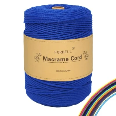 Imagen de FORBELL hilo de macramé, 3 mm x 300 m, algodón premium, manualidades (azul joya)