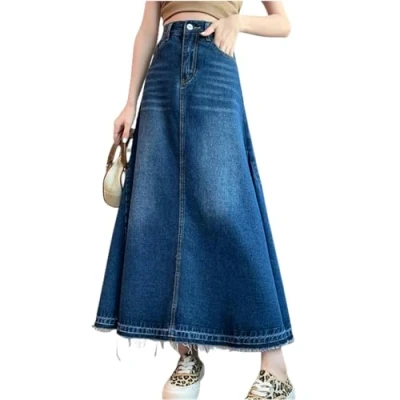 Imagen de MdybF Falda De Mezclilla Vaquero Femenina Primavera Verano Bolsillo Casual Cintura Alta Jeans Larga Mujer Azul XXXL