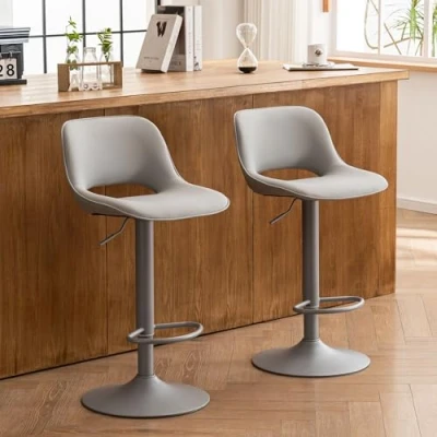 Imagen de YOUNIKE Taburetes de Bar Juego 2 Giratorios con Altura Ajustable, Cocina Acolchado Suave, Mostrador Respaldo Hueco, Taburete Alta Bar, Todo Gris