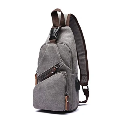 Imagen de FANDARE Bolsa de Pecho Hombre Lona Deportiva Hombro Bandoleras Cruzada con USB Mochila,Mochilas Pequeñas para Ciclismo,Acampada,Viaje Gris