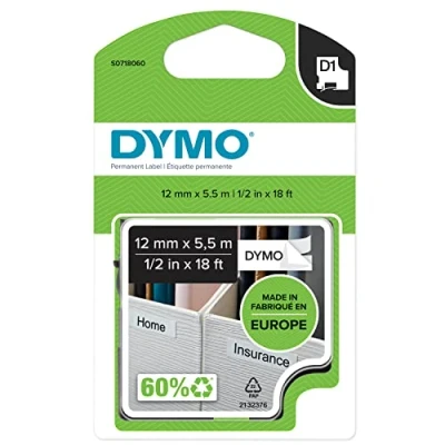 Imagen de Dymo D1 Cintas Permanentes para Impresoras LabelManager, Rollo de 12 mm x 5.5 m, Impresión Negro y Blanco