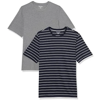 Imagen de Amazon Essentials Camiseta de manga corta, cuello redondo y corte recto Hombre, Pack 2, Azul Marino Rayas/Gris Mezcla, XS