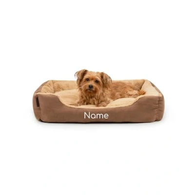 Imagen de lionto Cama para Perros con cojín Reversible y Base Antideslizante, Mascotas Entrada Baja Gatos, 75x60 cm, Acogedor, marrón/Beige (con Nombre Impreso)