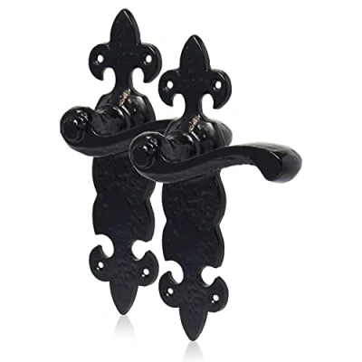 Imagen de XFORT® Un par de manijas negras antiguas flor LYS, juego interiores con diseño rústico, puerta, puerta internas,