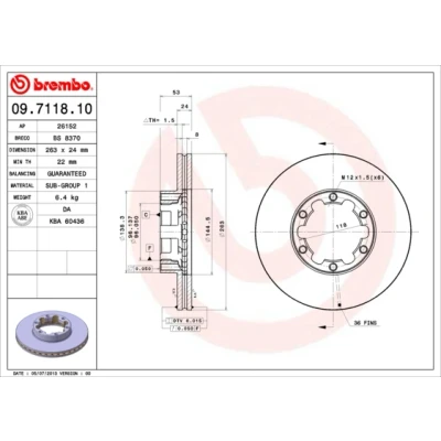 Imagen de BREMBO 09.7118.10 Disco de freno 263 24 6 ventilación interna NISSAN: Trade Camión plataforma / Chasis, Bus, Furgón