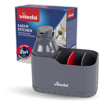 Imagen de Vileda organizador para fregadero con dispensador de detergente plástico, soporte esponja pie cocina, lavavajillas jabón esponjas y cepillos,