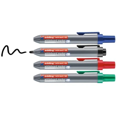 Imagen de edding retract 12 marcador para pizarras blancas negro,rojo,azul,verde 4 rotuladores punta redonda 1,5 3 mm sin tapa una sola mano blancas/magnéticas, flipcharts, tablones de notas