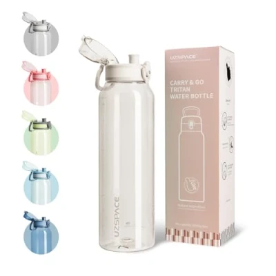 Imagen de UZSPACE botella de agua deportiva 1 L, apta para bebidas carbonatadas, a prueba fugas, lavavajillas, apertura un clic, sin BPA, gimnasio, bicicleta, fitness