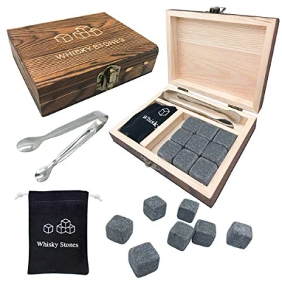 Imagen de Caja de Regalo Piedra Whisky, Juego 9, Reutilizables Cubitos Hielo para Whisky Madera