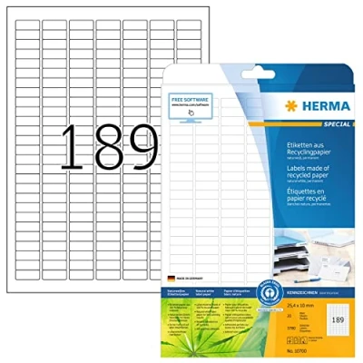 Imagen de HERMA 10700 Etiquetas recicladas, 20 hojas, 25,4 x 10 mm, hojas de 189 por A4, 200 unidades, autoadhesivas, imprimibles, mate, en blanco, papel reciclado, blanco natural