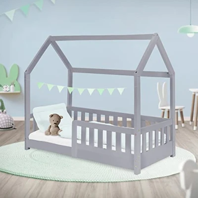 Imagen de ML Design Cama Infantil 70x140cm con Reja Protectora Techo y Somier Estructura Listones de Madera Pino Maciza Color Gris Claro Diseño Creativo Mueble Dormitorio Mobiliario Casa para Niños