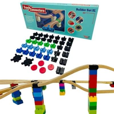 Imagen de TOY2 Builder Set XL con 44 Conectores de Carril, Compatible Brio ferrocarril y Lego Duplo, Juego 5 Pista Diferentes, rieles Madera
