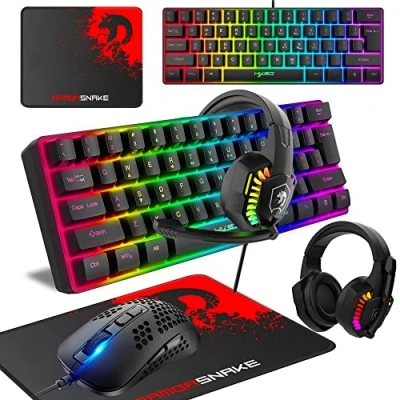 Imagen de 60% teclado compacto para juegos con cable, mini 61 teclas, 11 efectos de RGB teclas completas anti ghosting + ratón Gamng cable 2400 DPI Honeycomb Optical+auricular alfombrilla