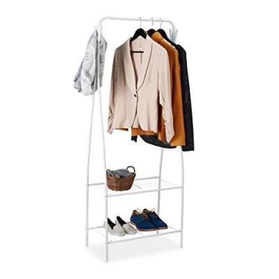 Imagen de Relaxdays Perchero Burro Metálico con 4 Ganchos, 2 Baldas, Colgador para Ropa, 158 x 60 33 cm, Mueble Entrada, Gris, Hierro