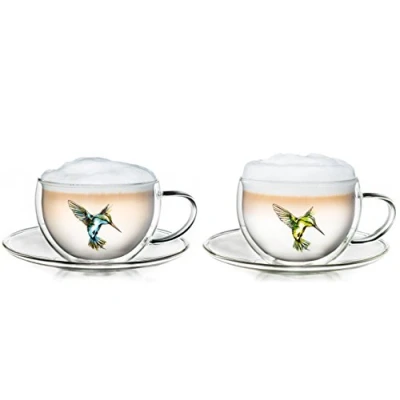 Imagen de Creano Conjunto de 2 Tazas Térmica Hummi, para Té/Latte Macchiato, Doble Pared, con Patrón Colibríes, 250ml