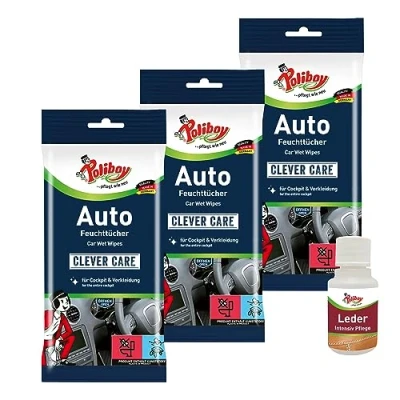Imagen de Polliboy toallitas húmedas para coche de polvo cabina y revestimientos Paños universales limpieza coches 3 x 20 con muestra producto Fabricado en Alemania
