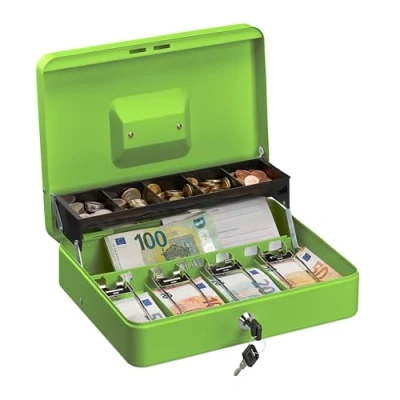 Imagen de Relaxdays Caja Dinero con Llave, Bandeja Monedas y 4 Espacios Billetes, Cajita Hierro, 8,5x30,5x24,5 cm, Verde